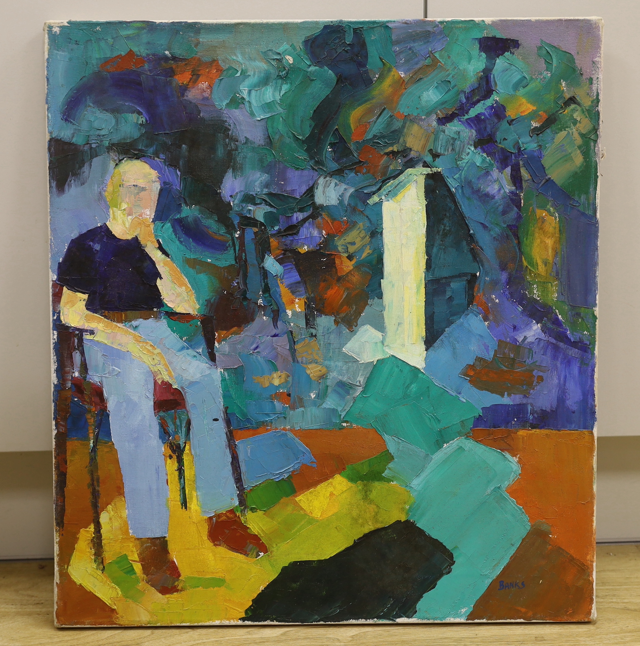 Brian Banks (b.1939) impasto oil on canvas, Study of a seated figure in an interior, signed, 56 x 50cm, unframed